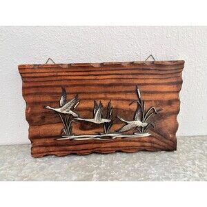 Vintage Wood Wall Hanging Art Flying Geese / Ducks Black, Gold, Marsh, Cattails